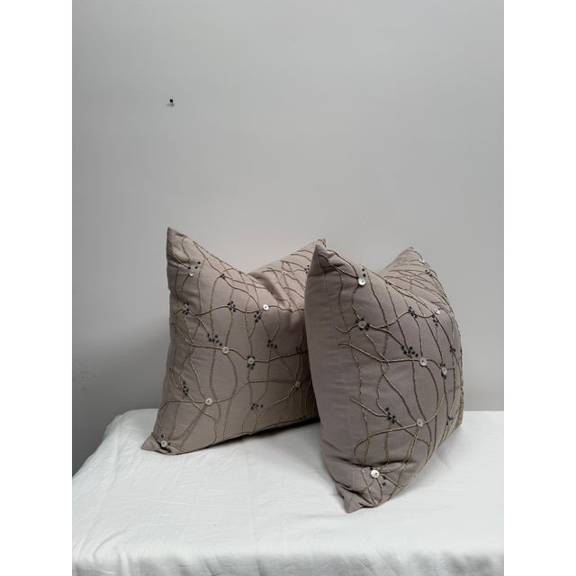 Taupe Pair of Decorative Pillows With Button and Cord Detail For Sale - Image 8 of 14