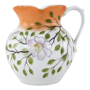 Vintage-Style Floral Pitcher With Vibrant Orange Rim and Hand-Painted Blossoms
