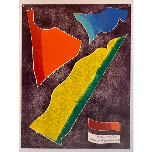 This print depicts a non-objective composition of organic shapes rendered in vibrant hues of color upon a field of a cool...