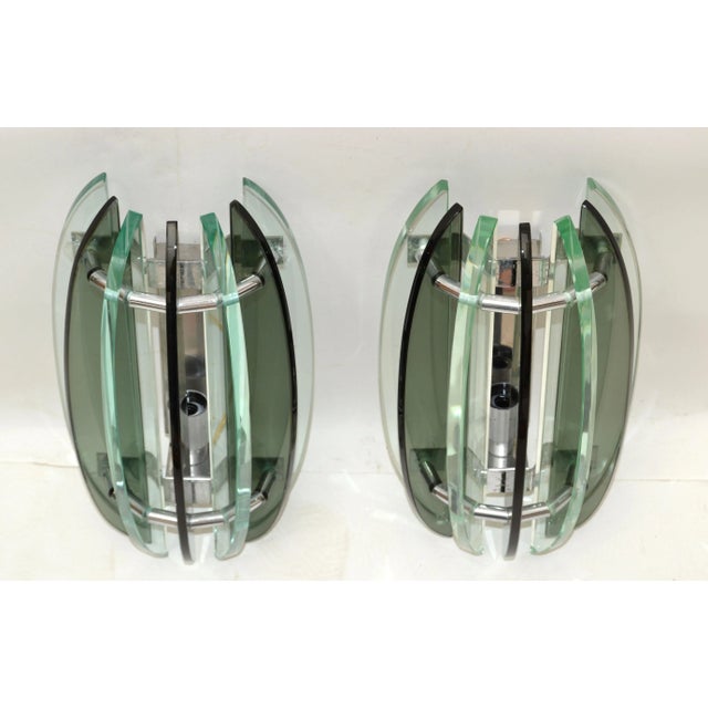 Italian Smoke Clear Green Glass Sconces by Veca Mid-Century Modern 1970 - Pair For Sale - Image 9 of 13