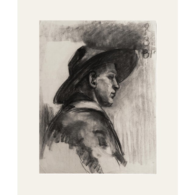 Early 1900's Antique French Moody Portrait of Man in Hat, Charcoal on Paper With Mat For Sale