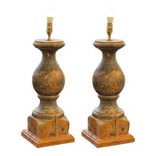 19th Century Refurbished Wooden Baluster Table Lamps, Pair For Sale