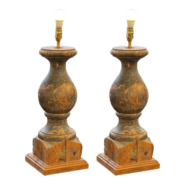 Refurbished Wooden Baluster Table Lamps, Pair For Sale