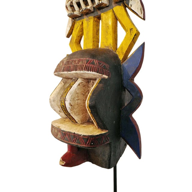 Mid 20th Century Vintage Colorful Burkina Faso Mali Mask on Stand For Sale - Image 5 of 10