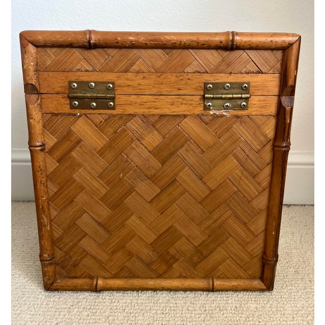 Boho Chic Vintage Woven Rattan Filing Box With Brass Handles For Sale - Image 3 of 12