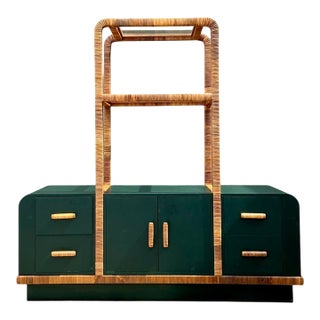Vintage Wrapped Rattan Etagere and Laminate Credenza For Sale