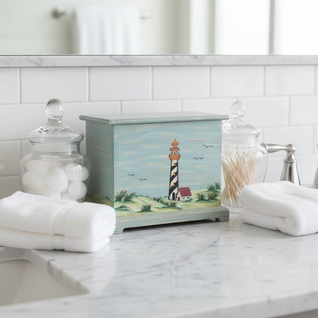 Nautical Late 20th Century Hand Painted Lighthouse Wood Box-Coastal Nautical Storage-Cottage-Beach-Keepsake For Sale - Image 3 of 11