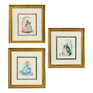 Vintage Large Angel Cross Stitch Needlework Art Series in Custom Gilt Wood Frames- Set of 3