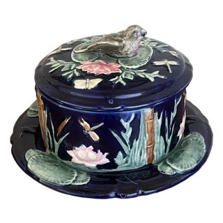 Forester Antique Cobalt Lidded Butter Dish With Bird For Sale