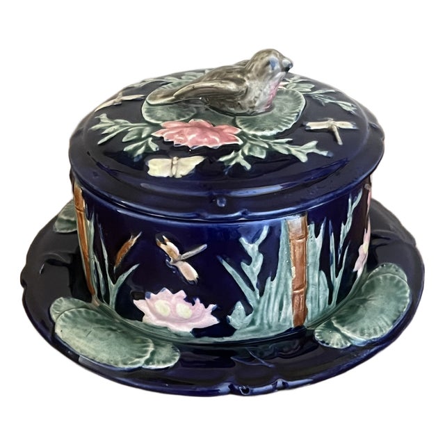 Forester Antique Cobalt Lidded Butter Dish With Bird For Sale