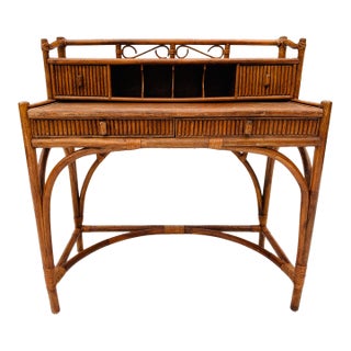 70's Vintage Hollywood Recency Style Palm Beach Bamboo & Rattan Desk For Sale