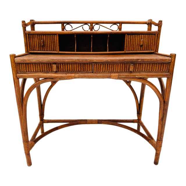 70's Vintage Hollywood Recency Style Palm Beach Bamboo & Rattan Desk For Sale