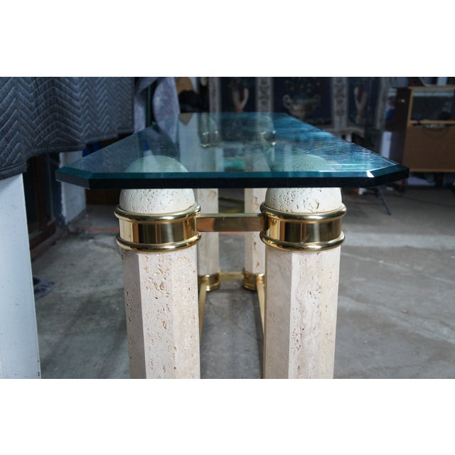 Vintage Italian Regency Travertine Stone Brass & Glass Console Hall Sofa Table For Sale - Image 11 of 12