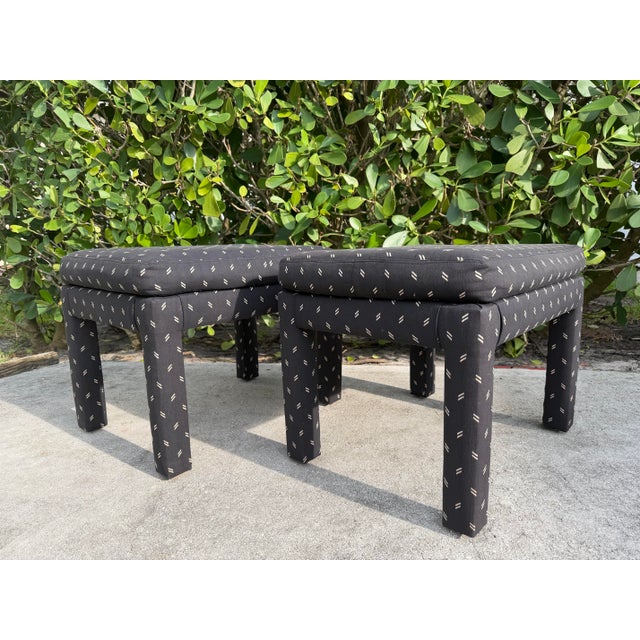 Late 20th Century Vintage Parsons Style Black Upholstered Ottomans With Geometric Dash Fabric, a Pair For Sale - Image 5 of 11