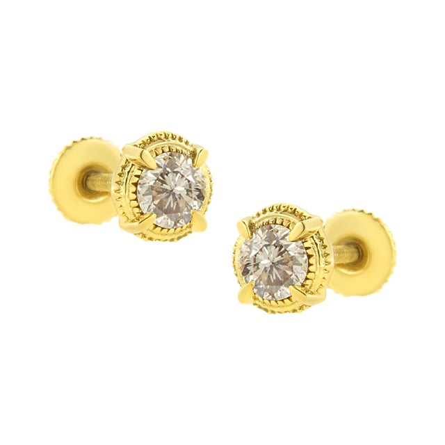 Contemporary 14K Yellow Gold Plated .925 Sterling Silver 1/4 Cttw Round Brilliant Cut Diamond Solitaire Milgrain Stud Earrings (K-L Color, I2-I3 Clarity) For Sale - Image 3 of 6