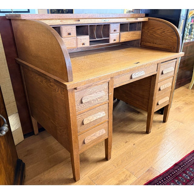 Vintage Oak C-Curve Roll Top Desk With Full Fitted Interior For Sale - Image 4 of 10
