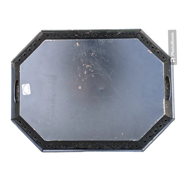 Vintage Hand Painted Black Tole Metal Tray For Sale - Image 12 of 12