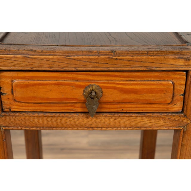 Chinese Vintage Elmwood Lamp Table With Single Drawer and Cracked Ice Shelf For Sale - Image 11 of 13