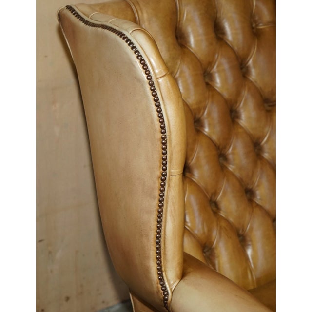 Pair of Vintage Tan Brown Leather Chesterfield Wingback Chairs With Footstools For Sale - Image 12 of 18