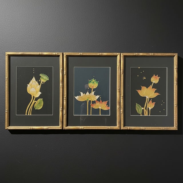 Mid-Century Modern Vintage Lotus Botanical Prints, Gold Faux Bamboo Frames – Set of 3 For Sale - Image 3 of 12