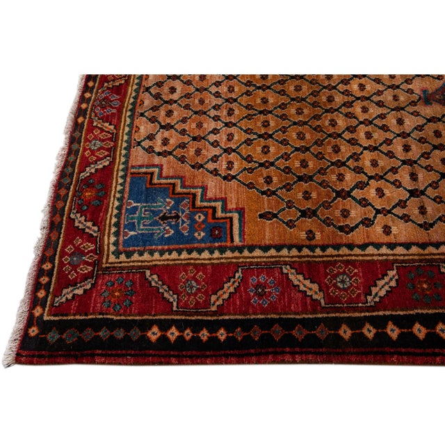Textile Vintage Persian Hamadan Handmade Geometric Brown Wool Rug For Sale - Image 7 of 9