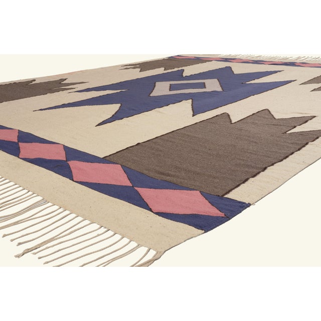 79765 Vintage Indian Dhurrie Rug, 09'02 x 12'01. The Painted Horizon: A Vintage Indian Dhurrie Masterpiece of Santa Fe...