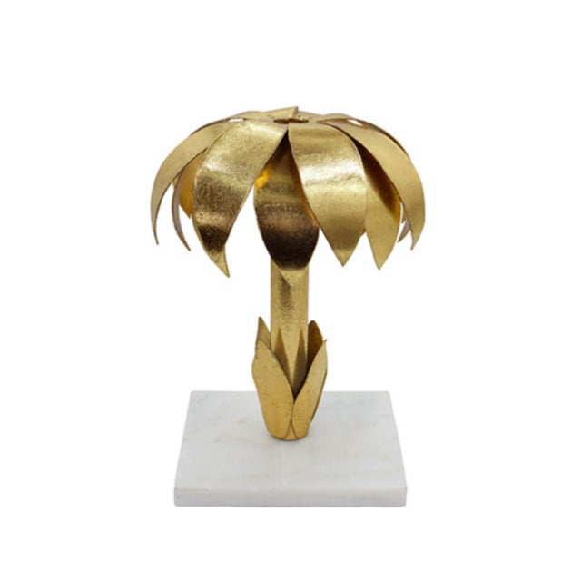 Worlds Away Matthew Izzo Home Palmy Iron Palm Tree Gold Leaf Candle Holder on White Marble Base For Sale - Image 4 of 6