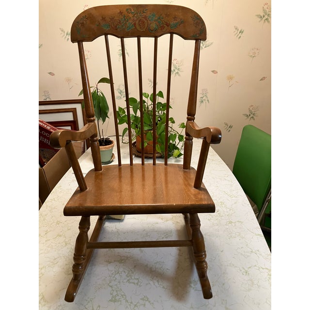 Vintage Oak Hill Child’s Wood Rocking Chair W/German-Made Music Box Fitchburg,MA For Sale - Image 4 of 4