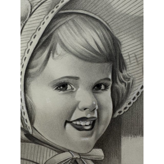 Original graphite pencil drawing by American artist and illustrator Theodore E. Schrock (1879–1952), depicting a smiling...
