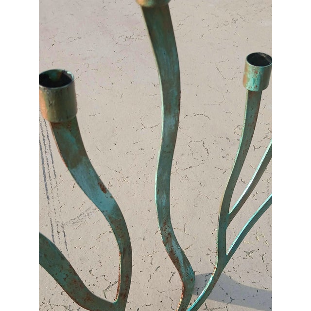 Verdigris Vintage 7 Arm Brutalist Candelabra Hand-Forged Iron and Copper With Verdigris, a Pair For Sale - Image 8 of 15