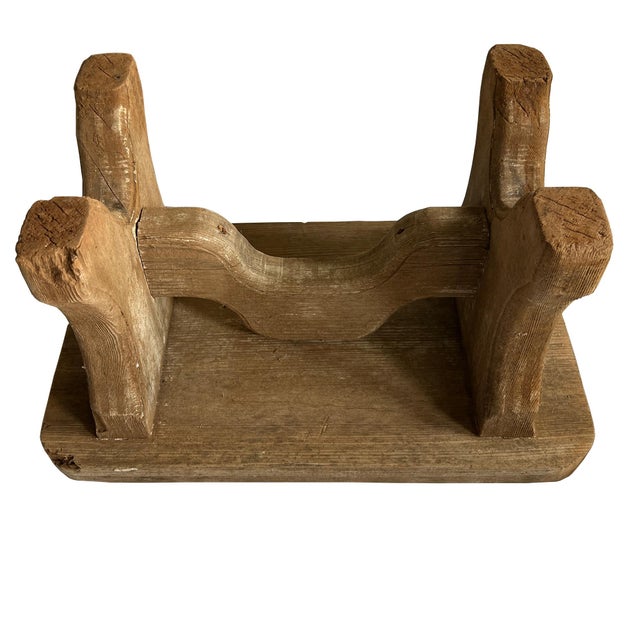 Wood Early Rustic Wooden Farmhouse Stool, Primitive Carved Milking Bench Late 1900s For Sale - Image 7 of 14