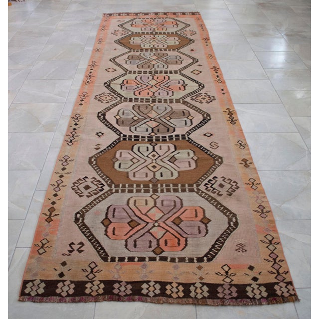 Vintage Turkish Handmade Kilim Runner Rug Organic Woll Tribal Design Primitive Rug - 3′5″ × 12′8″ For Sale - Image 16 of 16