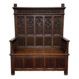 Antique French Gothic Bench Settee Oak Arches Linen Fold Lift Top Seat C. 1900 For Sale