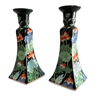 Mid 20th Century Gump’s Vintage Hand Painted Porcelain Chinoiserie Floral Candle Holders - a Pair For Sale