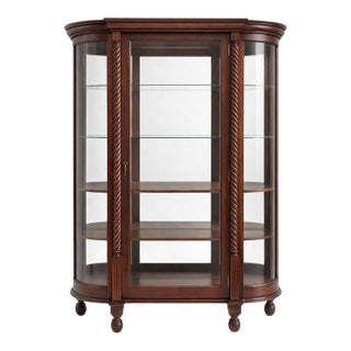 Antique 1910s Spanish Revival Oak Bowed Curved Glass China Cabinet W Barley Twist Columns For Sale
