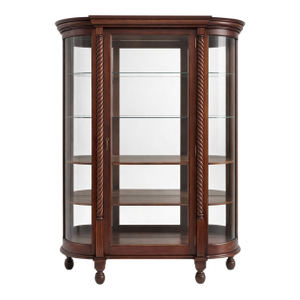 Antique 1910s Spanish Revival Oak Bowed Curved Glass China Cabinet W Barley Twist Columns