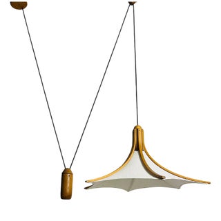 Mid-Century Adjustable Wooden Pendant Lamp with Counterweight attributed to Domus, 1960s For Sale
