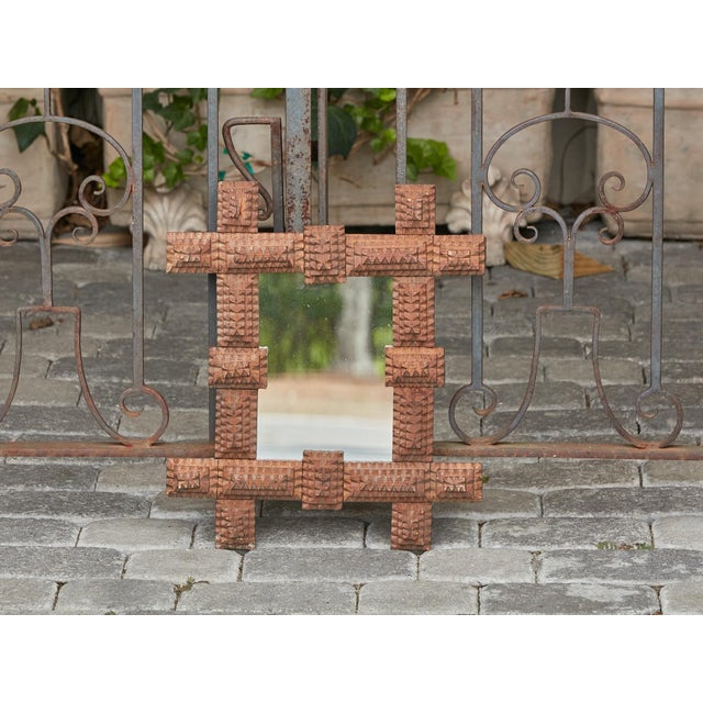 Early 20th Century Petite Turn of the Century French Brown Tramp Art Mirror with Protruding Corners For Sale - Image 5 of 12
