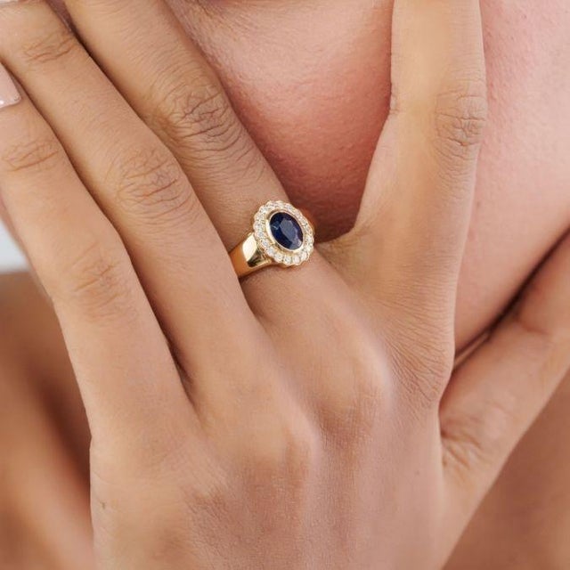 Not Yet Made - Made To Order 1.12ct Blue Sapphire & Diamond Bezel Chunky Ring 14k Yellow Gold Size 4 For Sale - Image 5 of 17