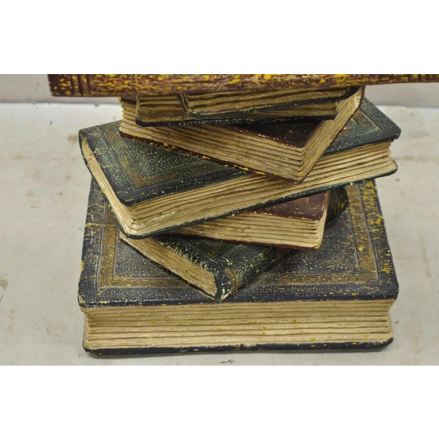 Vintage Regency Style Figural Faux Stacked Book Form Round Glass Top Side Table For Sale - Image 9 of 11