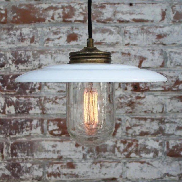Vintage White Enamel and Clear Glass Pendant Light For Sale - Image 4 of 6