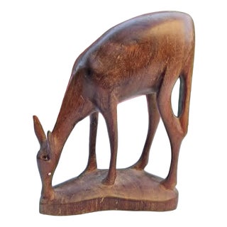 Vintage Wooden Grazing Deer Figurine, 1970s For Sale