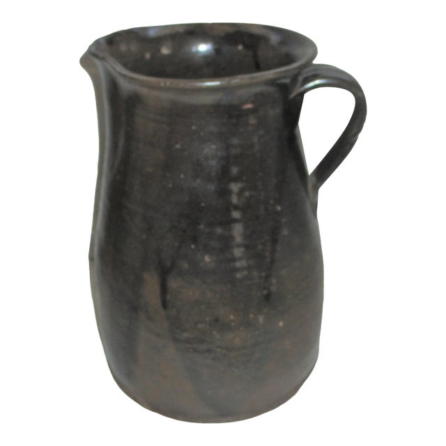 Mid 19th Century Antique Primitive Handmade Sc Edgefield,Catwaba Dark Brown Glaze Pottery Pitcher For Sale