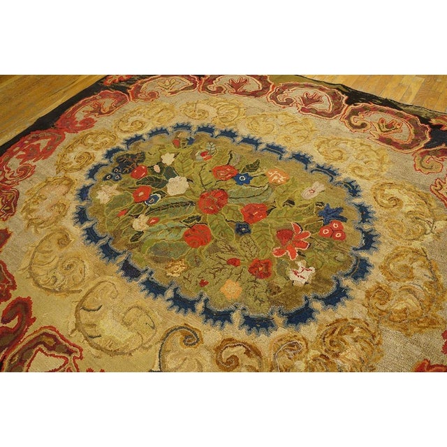 19th Century A Gray Background & Brown Border Color With Distinctive Folk Art Style Antique American Hooked Rug For Sale - Image 5 of 10