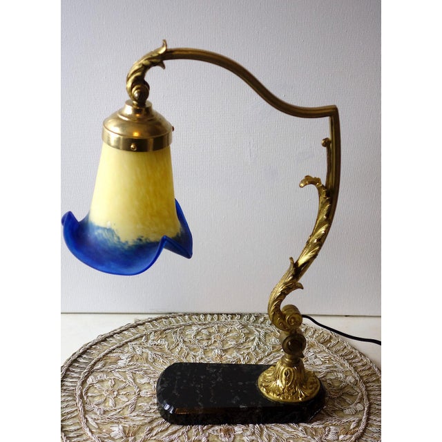 Antique Brass and Marble Pate De Verre Table Lamp, France, 1920s For Sale - Image 11 of 11