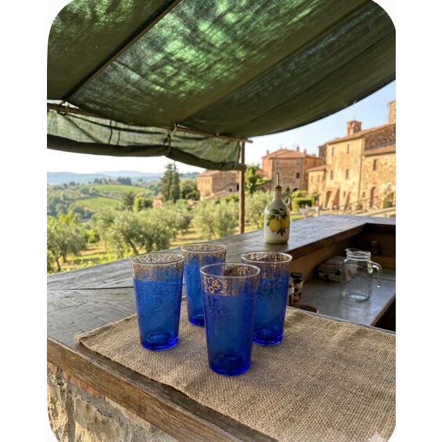 1950s Italian Barware. Cobalt/Gold Filigree. Mid Century Modern Tumblers. Textured Cobalt Glass. Cerve. Italy. Set of 4. Bormioli Founded 1953 For Sale - Image 5 of 5