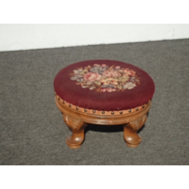 Wood Footstool ~ Vintage French Country Burgundy Floral Round Needlepoint Footstool#2 For Sale - Image 7 of 16