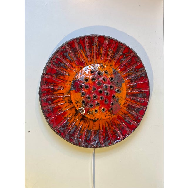 Danish Sculptural Sunflower Acid-Glazed Stoneware Wall Sconce, 1970s For Sale - Image 3 of 11
