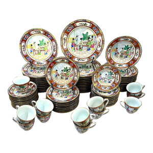 Vintage Famille Rose Mandarin Chinoiserie Porcelain Dinnerware Service for 12 - Set of 82 pcs
