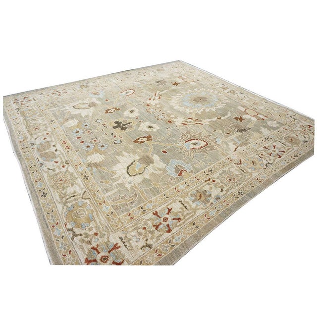Persian Sultanabad Wool 8x8 Square Tan, Blue, & Ivory Handmade Area Rug #1143023 For Sale - Image 10 of 10